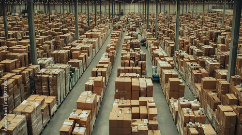 A spacious warehouse filled with neatly stacked cardboard boxes, showcasing inventory management . illustration