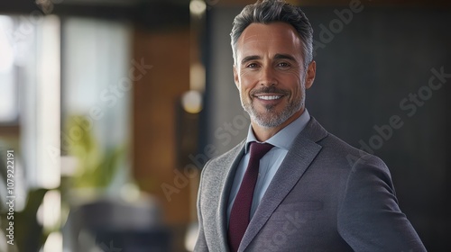 Accomplished Caucasian Male Marketing Director in Gray Suit: Genuine Smile in Conference Room Setting, Photorealistic 8K Portrait with Professional Lighting.