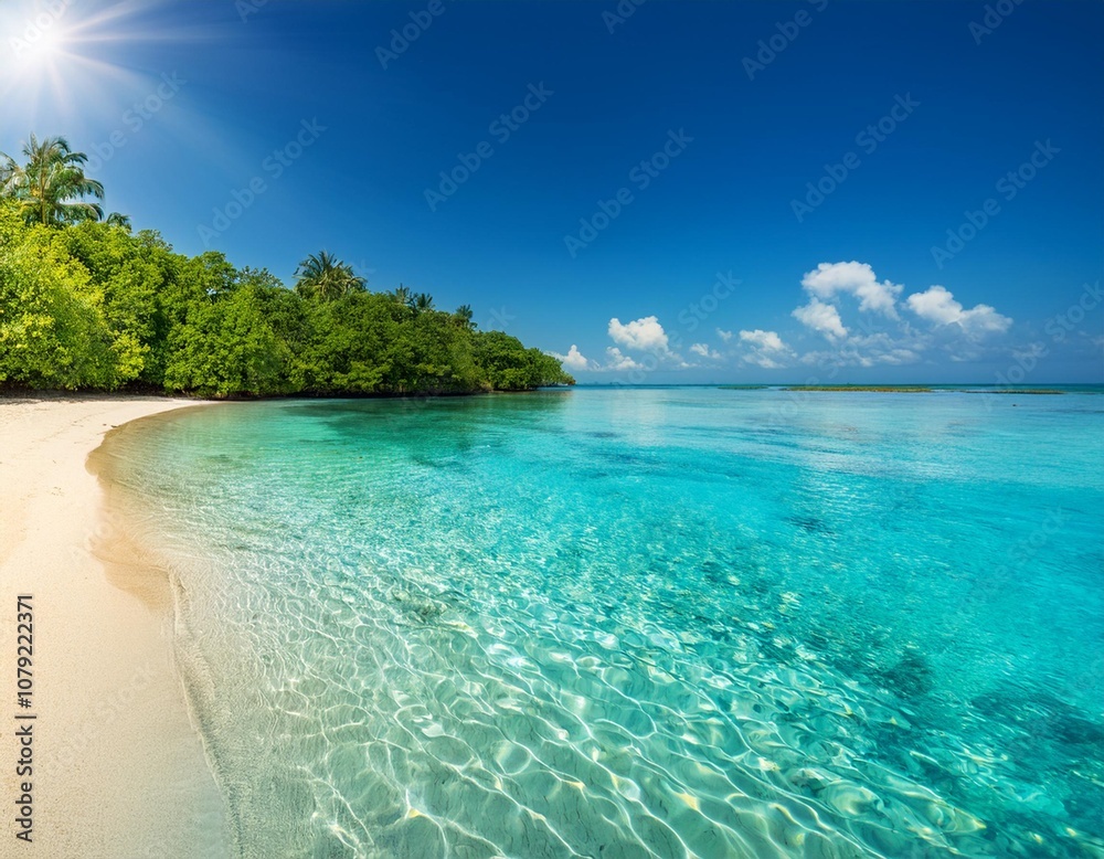 Tropical Coastal Lagoon With Calm Turquoise Waters, Surrounded by Mangroves and Sandy Shores, Under the Bright Midday Sun and Clear Blue Skies in a Remote Island Setting Tropical Coastal Lagoon With Calm Turquoise Waters, Surrounded by Mangroves and Sandy Shores, Under the Bright Midday Sun and Clear Blue Skies in a Remote Island Setting