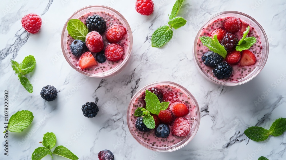 Chia seed pudding with mixed berries and mint garnish, presented on a sleek isolated background for wellness Chia seed pudding with mixed berries and mint garnish, presented on a sleek isolated background for wellness