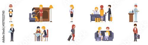 Hotel Staff and Guests Man and Woman Character Vector Set