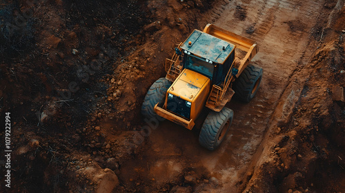 A yellow construction vehicle digging into the ground, symbolizing industriousness and progress. high quality image