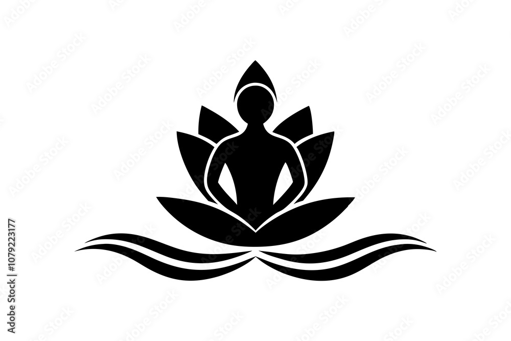 black vector yoga logo with lotus flower and meditating person silhouette black vector yoga logo with lotus flower and meditating person silhouette
