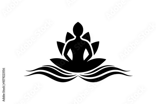 black vector yoga logo with lotus flower and meditating person silhouette