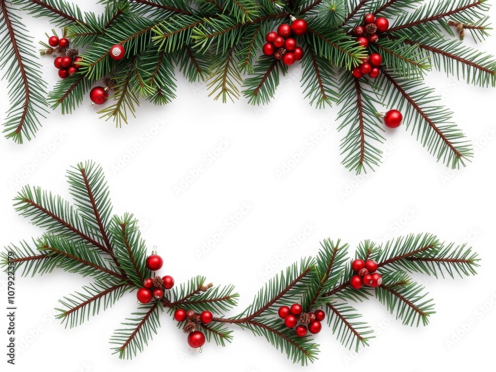 Decorative pine tree wreath with ornaments and empty center on white background, evergreen, top view Decorative pine tree wreath with ornaments and empty center on white background, evergreen, top view