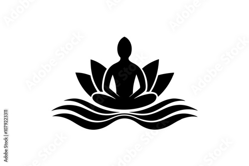 black vector yoga logo with lotus flower and meditating person silhouette