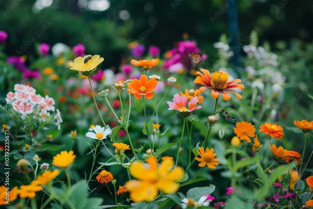Fototapeta premium Vibrant and Whimsical Floral Garden with Butterfly