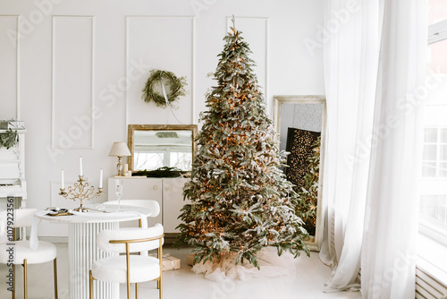 Stylish interior of living room with Christmas tree and beautiful table setting