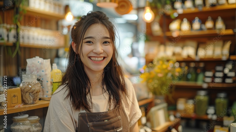 SME owner in Asia engaging in a live stream from her sustainable retail store, promoting eco-friendly practices and plastic-free packaging SME owner in Asia engaging in a live stream from her sustainable retail store, promoting eco-friendly practices and plastic-free packaging