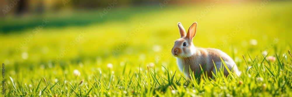 Easter bunny sitting in a lush green meadow under warm sunlight, surrounded by colorful flowers and chirping birds, sunny, bunny Easter bunny sitting in a lush green meadow under warm sunlight, surrounded by colorful flowers and chirping birds, sunny, bunny