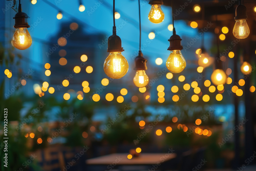 A close-up of hanging light bulbs with a blurred background of outdoor seating and greenery A close-up of hanging light bulbs with a blurred background of outdoor seating and greenery