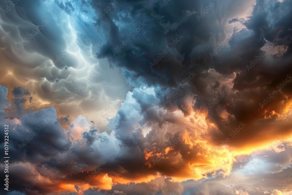 Obraz premium Stormy sky with dramatic clouds from an approaching thunderstorm at sunset