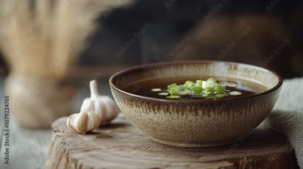 Rustic bowl of bone broth with a garnish of green onions and garlic cloves on a cozy background, emphasizing winter health Rustic bowl of bone broth with a garnish of green onions and garlic cloves on a cozy background, emphasizing winter health