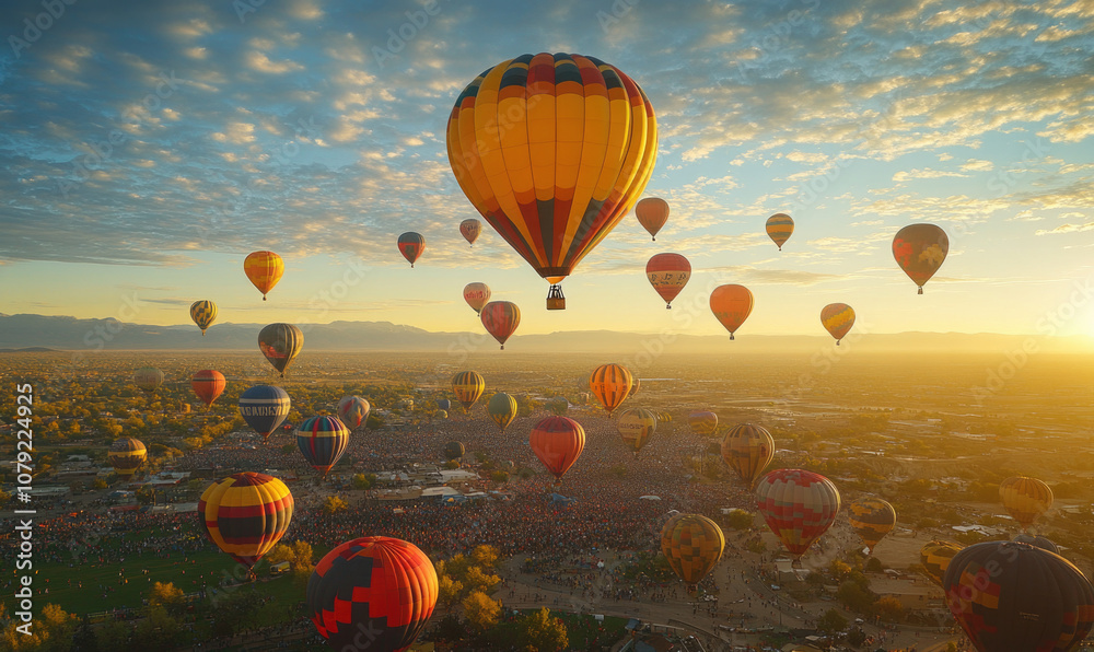 Naklejka premium A vibrant sunrise illuminates a field of colorful hot air balloons as they gracefully ascend into the sky, creating a breathtaking spectacle for onlookers below