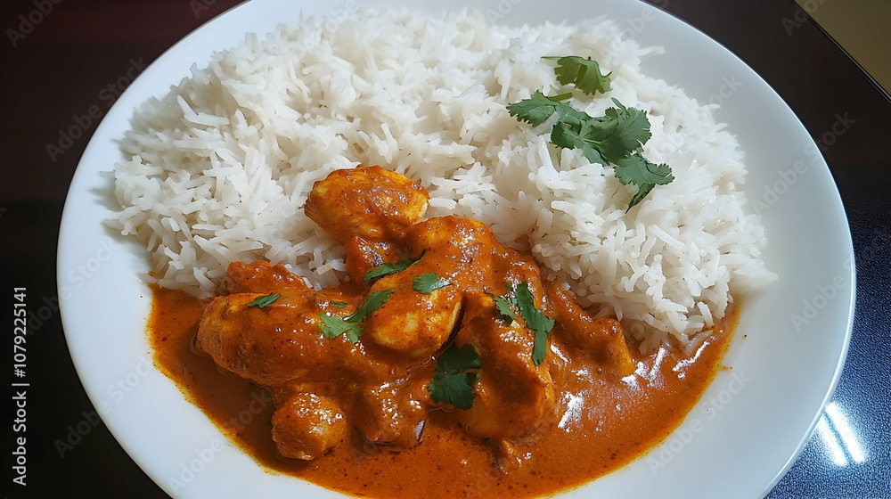 Butter Chicken with Long Grain Rice and Tandoori Chicken in Tomato Gravy. 4k image Butter Chicken with Long Grain Rice and Tandoori Chicken in Tomato Gravy. 4k image