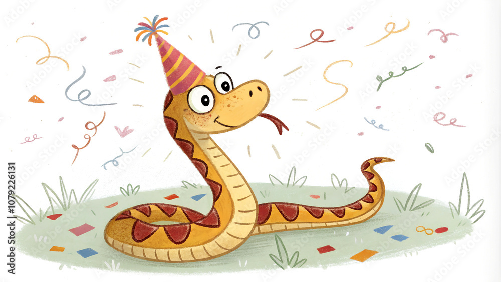 Festive snake with colorful party hat surrounded by confetti and streamers Festive snake with colorful party hat surrounded by confetti and streamers