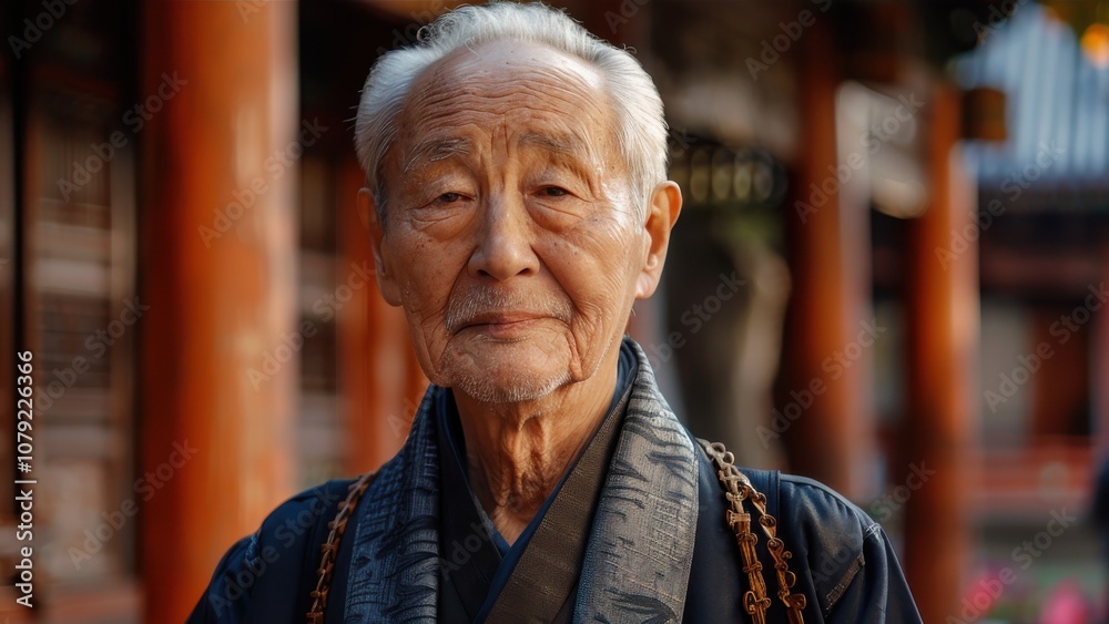 Surrounded by a spectrum of backgrounds, a dignified Asian elder's confident stance exudes a timeless elegance and poise Surrounded by a spectrum of backgrounds, a dignified Asian elder's confident stance exudes a timeless elegance and poise