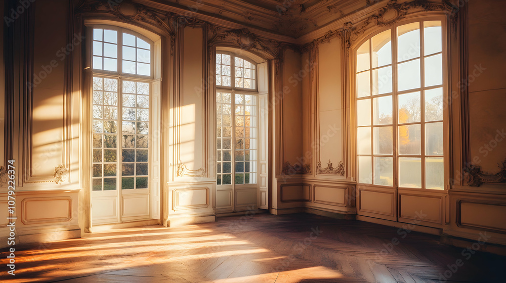Elegant Room with Sunlight and French Architecture . illustration Elegant Room with Sunlight and French Architecture . illustration