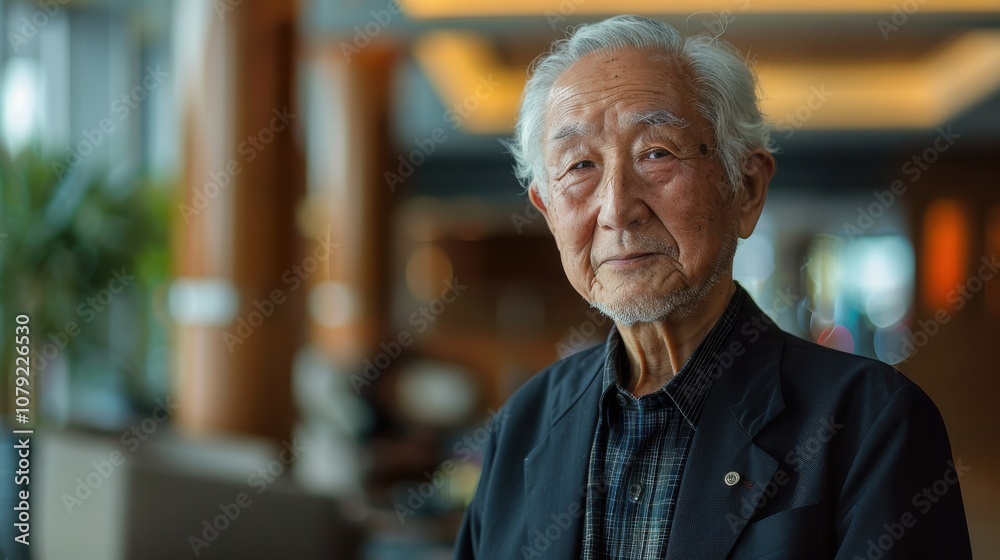 Surrounded by a spectrum of backgrounds, a dignified Asian elder's confident stance exudes a timeless elegance and poise Surrounded by a spectrum of backgrounds, a dignified Asian elder's confident stance exudes a timeless elegance and poise