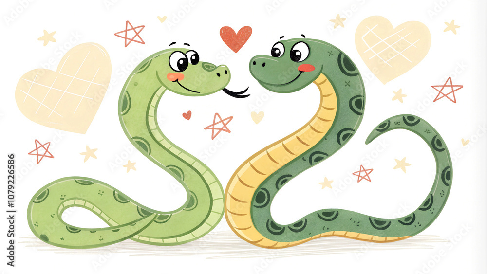 Naklejka premium Playful cartoon snakes in love with hearts and stars theme