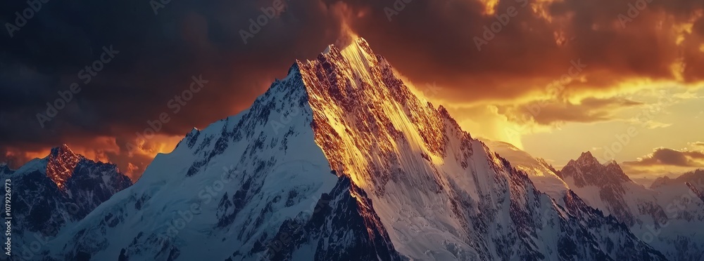 Naklejka premium Majestic snow-capped mountain peak bathed in the warm glow of a dramatic sunset.