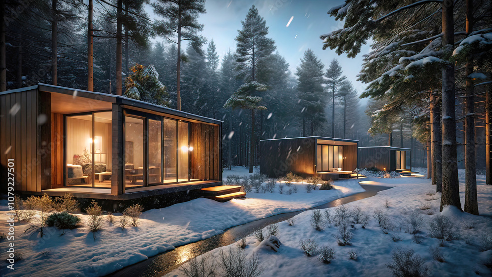 eco-friendly cabins in the forest surrounded by trees in winter, Snowy landscape, pine forest at Christmas, camping in the forest eco-friendly cabins in the forest surrounded by trees in winter, Snowy landscape, pine forest at Christmas, camping in the forest