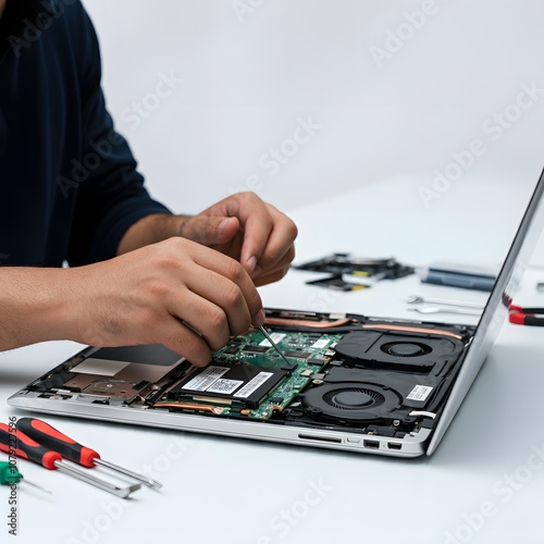 Technician repairing a laptop with tools on the table, captured in hyper-realistic 4K HDR detail. Close-up view of the open laptop, showing the intricate motherboard and components. Keywords: laptop r