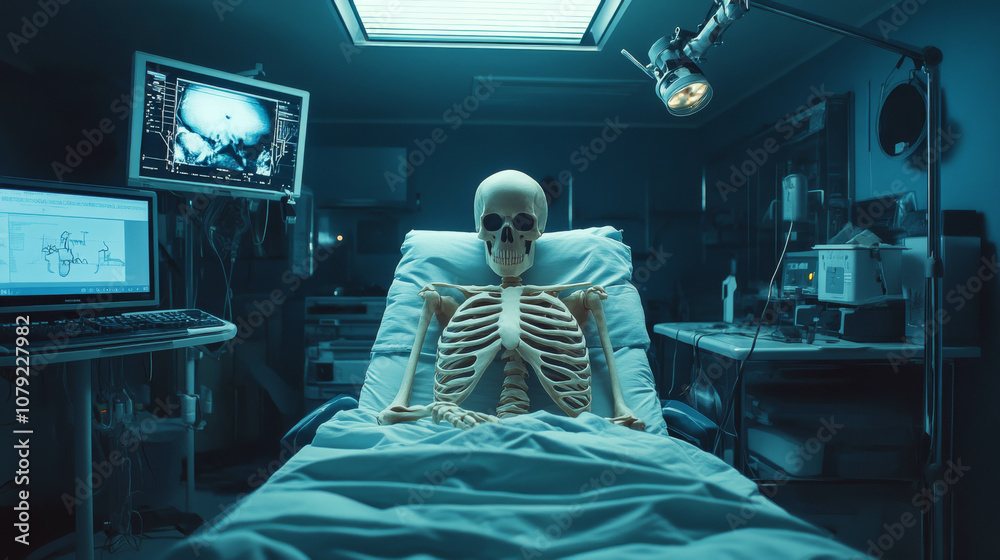 A human skeleton is lying on a hospital bed surrounded by medical equipment and monitors. Concept of medical humor or spooky atmosphere. A human skeleton is lying on a hospital bed surrounded by medical equipment and monitors. Concept of medical humor or spooky atmosphere.