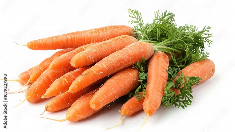 An intricate photograph of a bunch of fresh carrots stands out against a white background, Generative AI. An intricate photograph of a bunch of fresh carrots stands out against a white background, Generative AI.