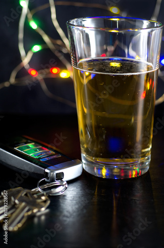 Don't Drink and Drive, Car Keys with Beer Glass in Front of Blurred Colred Lights