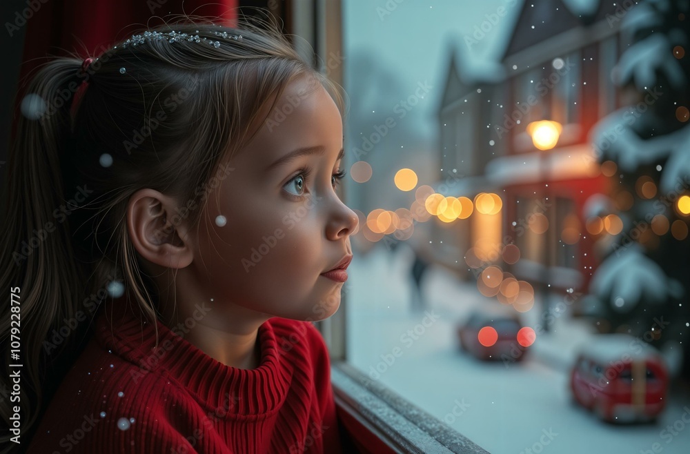 little girl in a red sweater looks out the window, Christmas little girl in a red sweater looks out the window, Christmas