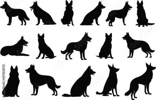 German shepherd dog silhouette vectors. Silhouettes of German shepherd dog breeds vector illustrations.