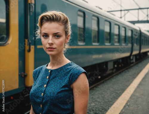 A young woman stands on a train platform, waiting for her train