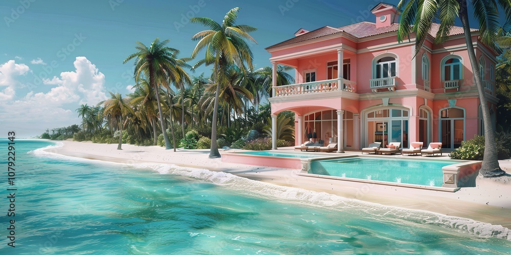 Fototapeta premium Beachfront Three-Story Luxurious Pink Villa with Pool and Palm Trees, Generative AI.