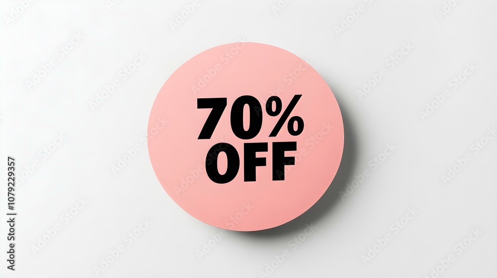 Black '70% OFF' Text on a Blush Round Paper Note. White Background with Copy Space Black '70% OFF' Text on a Blush Round Paper Note. White Background with Copy Space