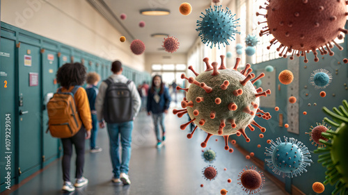 Virus transmission awareness. Bacteria and viruses floating in the air of a crowded school hallway, unseen microbial presence in a busy academic setting. Public health, diseas. AI generated