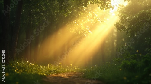 Sunlight streaming through trees forest path nature photography serene environment ground level view tranquility concept