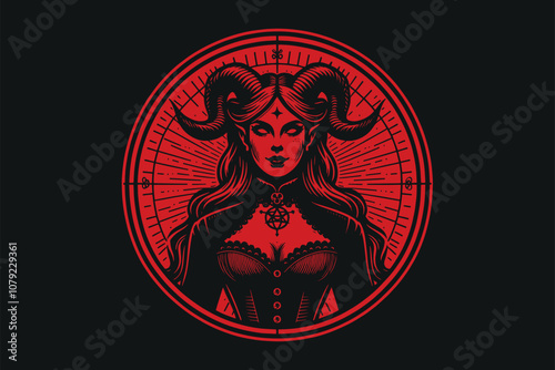 Beautiful horned demon woman with wings. Vintage old engraving illustration round emblem, tattoo, print. red on black