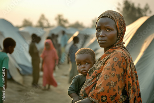 A woman cradles her child close as they stand in a refugee camp at sunset. Tents and other displaced people are visible in the background, highlighting their struggles.