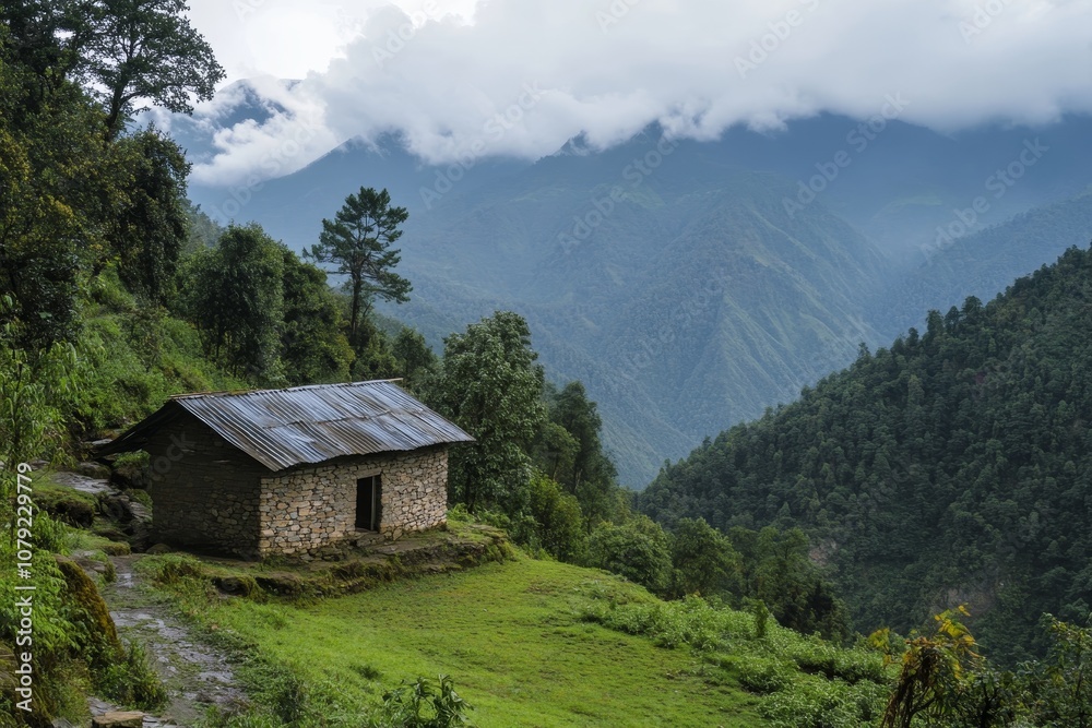 A small stone house in the middle of a green valley, surrounded by a forest with a mountain range behind, covered under clouds. A small stone house in the middle of a green valley, surrounded by a forest with a mountain range behind, covered under clouds.