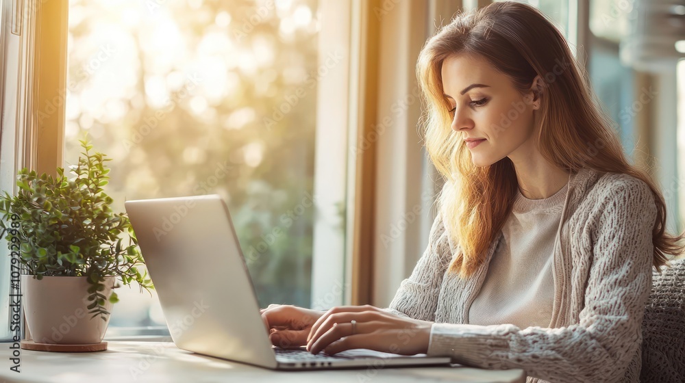 Businesswoman using laptop for online learning, looking at mock-up screen for website template Businesswoman using laptop for online learning, looking at mock-up screen for website template