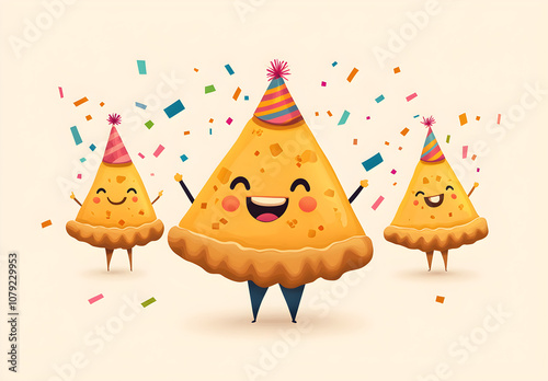 Happy Party Nacho Chips Characters with Confetti Celebration Cartoon Illustration, AI GENERAT  photo