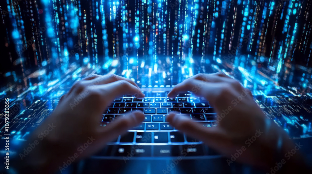 Hands typing on a keyboard surrounded by blue digital lines. Concept of technology and digital communication. Hands typing on a keyboard surrounded by blue digital lines. Concept of technology and digital communication.