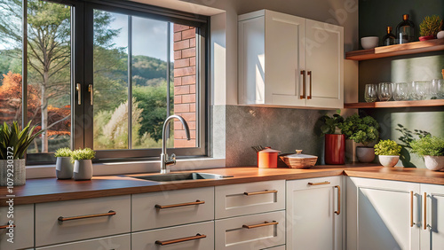 Wallpaper Mural fragment of the model wall in a white minimalist interior of a home kitchen with a kitchen cabinet, a window Torontodigital.ca