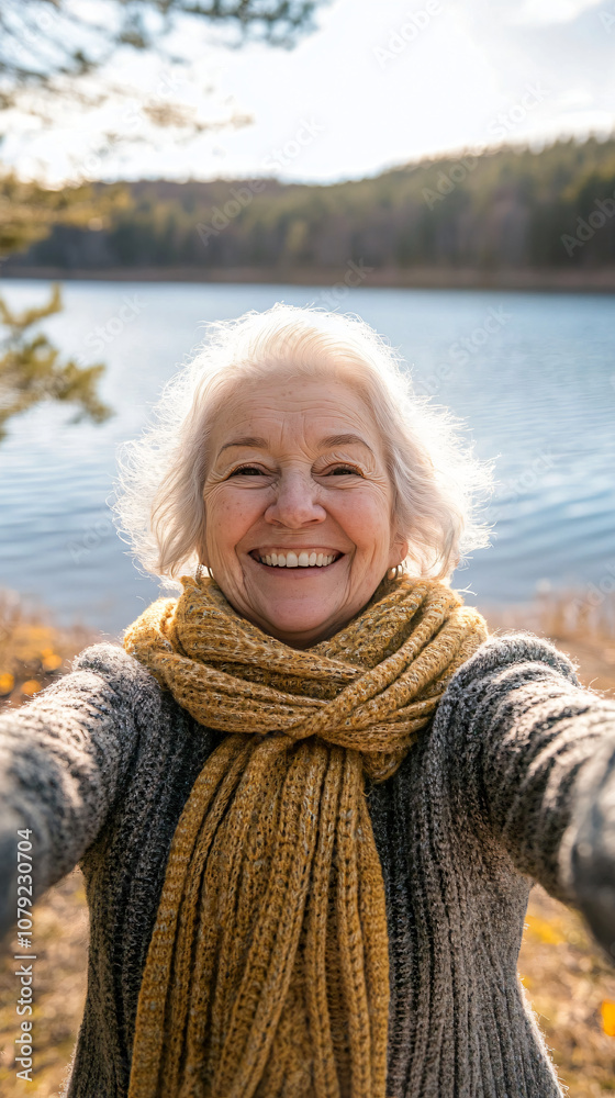 Elderly woman in a scarf smiles while taking a selfie on a sunny autumn day by the lake Elderly woman in a scarf smiles while taking a selfie on a sunny autumn day by the lake