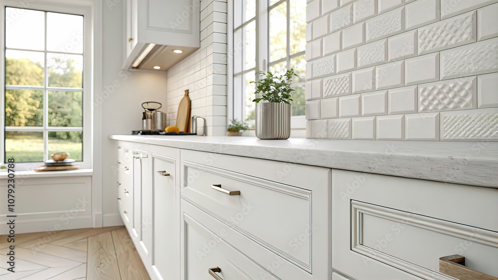 fragment of the model wall in a white minimalist interior of a home kitchen with a kitchen cabinet, a window fragment of the model wall in a white minimalist interior of a home kitchen with a kitchen cabinet, a window