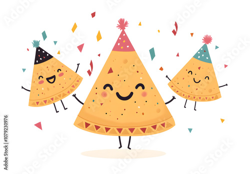 Happy Party Nacho Chips Characters with Confetti Celebration Cartoon Illustration, AI GENERAT  photo