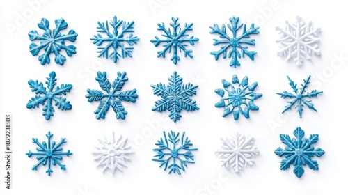 Various snowflakes in blue and white colors.