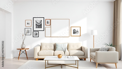 sleek interior with sofa set and decoration with the frames on the wall isolated  and lamp set ted on the white background with bedroom and table photo