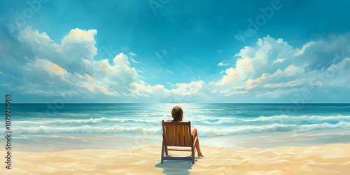 Wallpaper Mural Woman sitting on a beach chair facing the ocean, enjoying peaceful moments by the sea. 4k image Torontodigital.ca